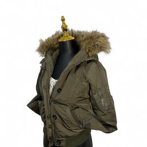 Y2K Abercrombie & Fitch Khaki Bomber Jacket with Fur Hood babydoll 2000s